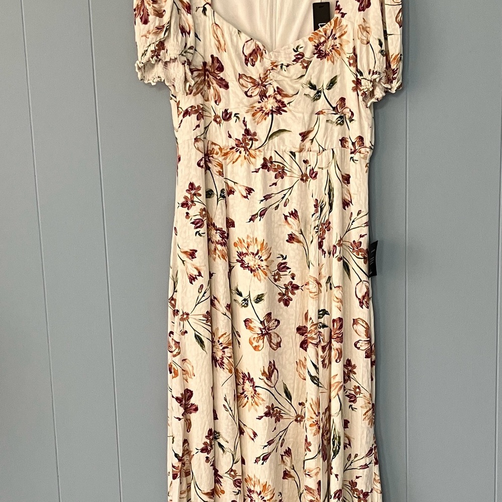 Lulu's XL Cream Floral Midi Dress With Slit-Pink & Brown Blossoms-Cottagecore - Picture 11 of 11